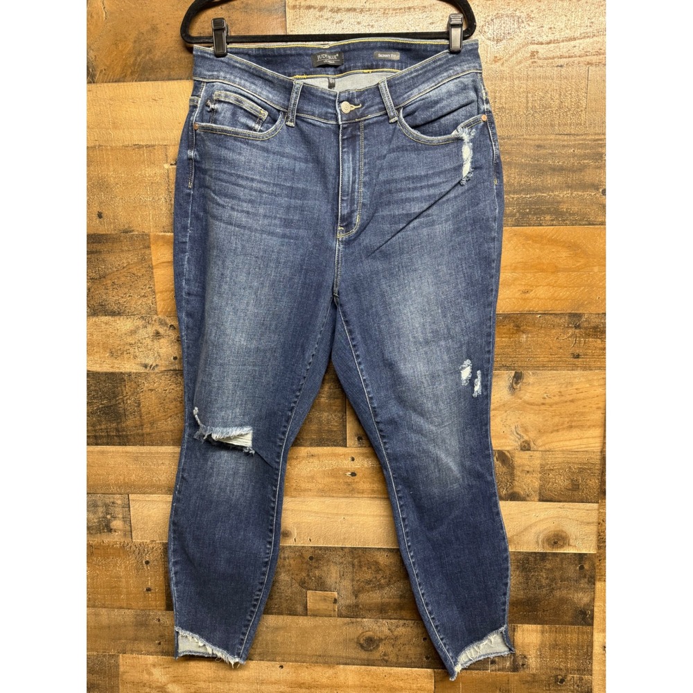 Judy Blue Skinny Fit Distressed Shark Bite‎ Hem Jeans Blue 18W High Rise